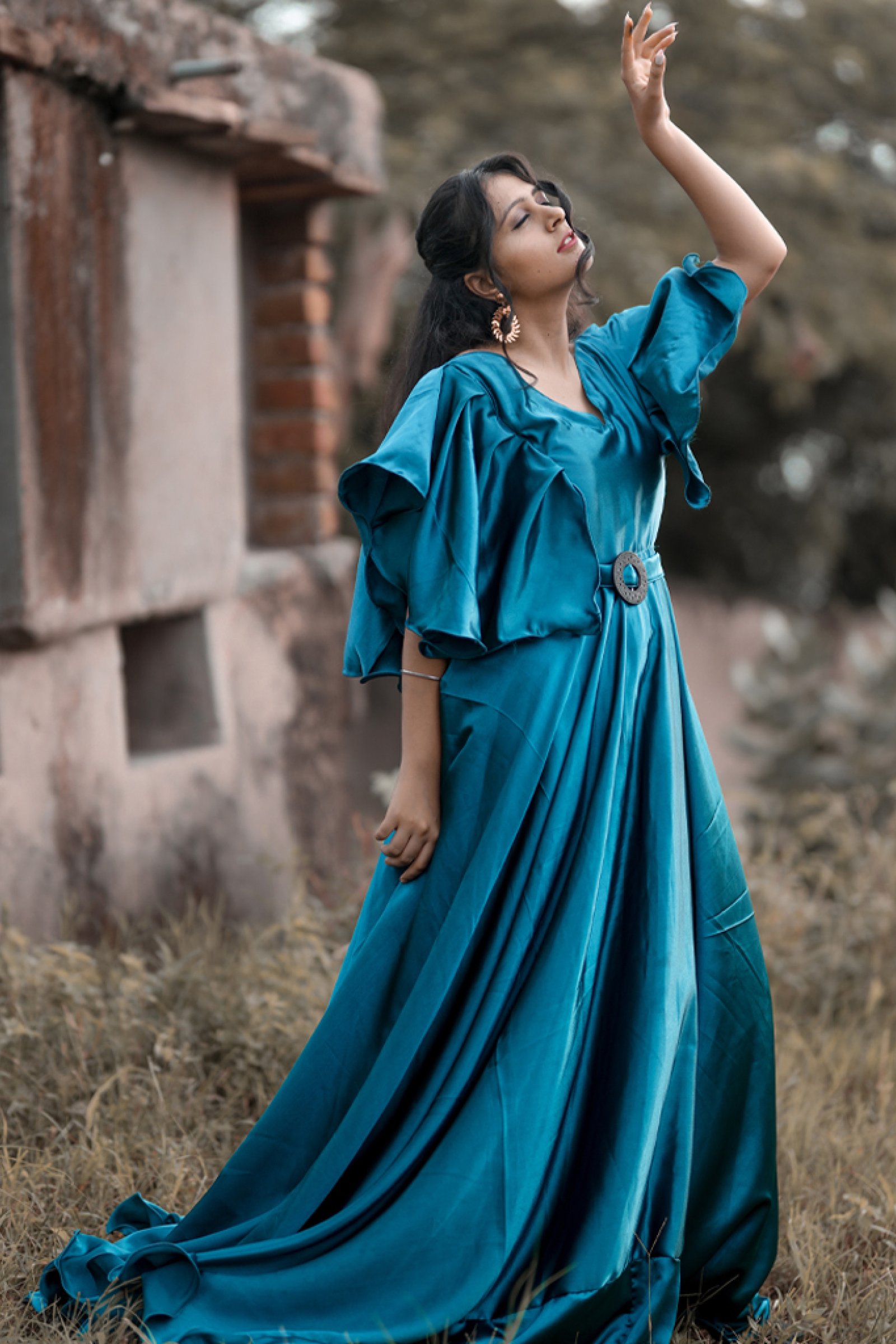 Designer Cyan Color Satan Gown