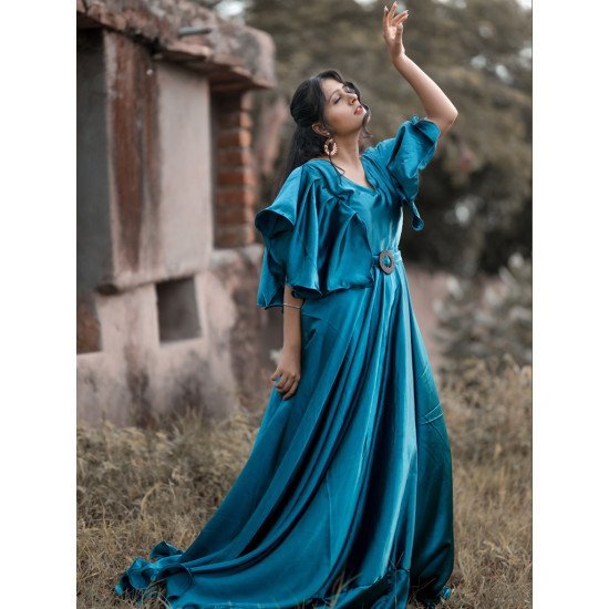 Designer Cyan Color Satan Gown