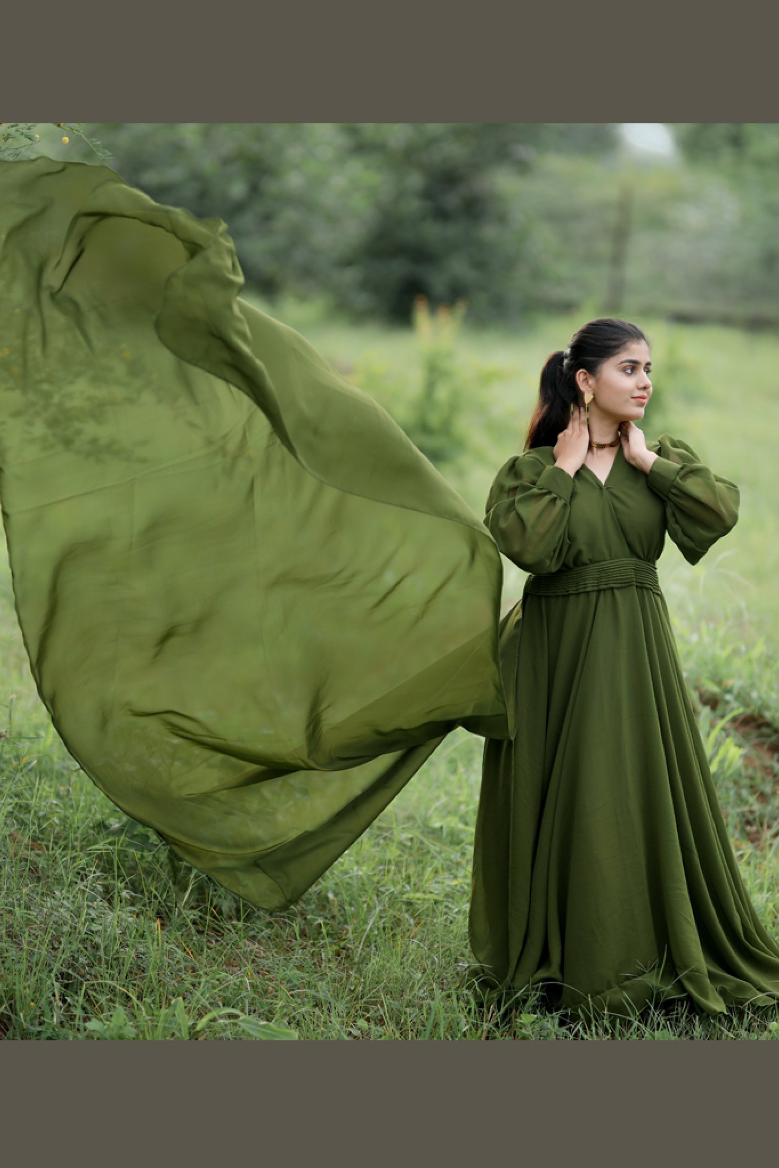 Designer Mehendi color Gown For Pre Wedding