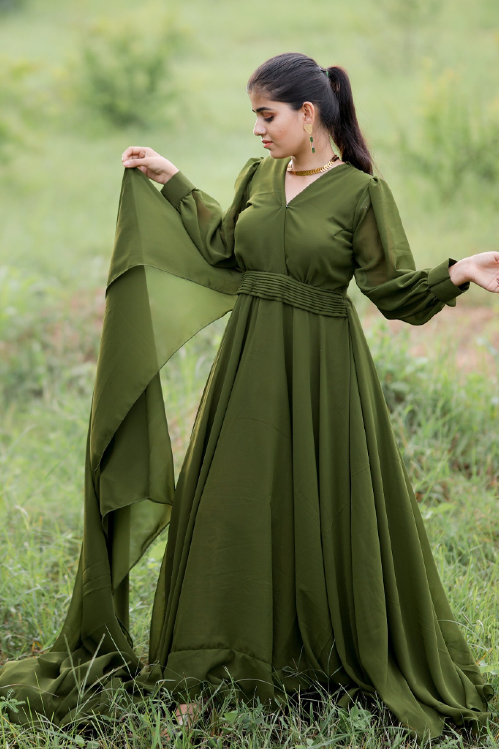 Designer Mehendi color Gown For Pre Wedding