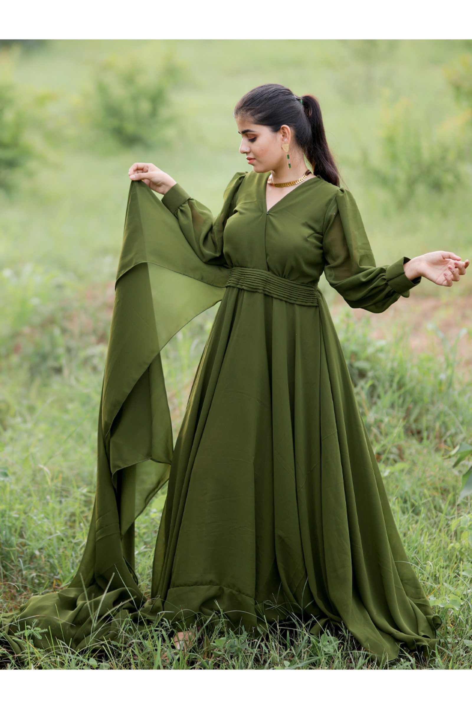 Designer Mehendi color Gown For Pre Wedding
