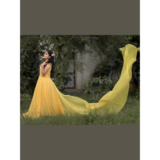 Designer Yellow Tail Gown For Pre Wedding