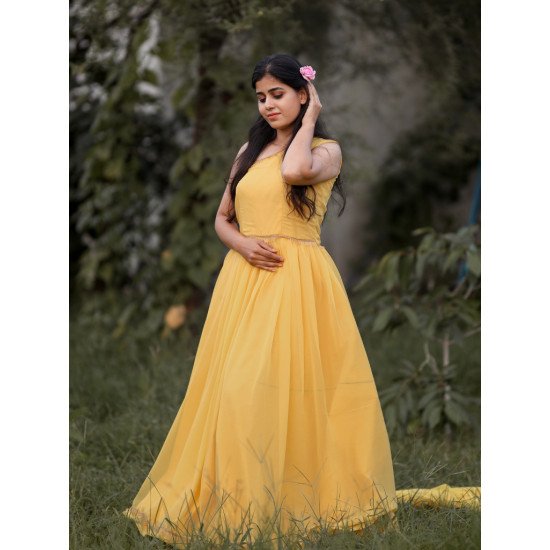 Designer Yellow Tail Gown For Pre Wedding