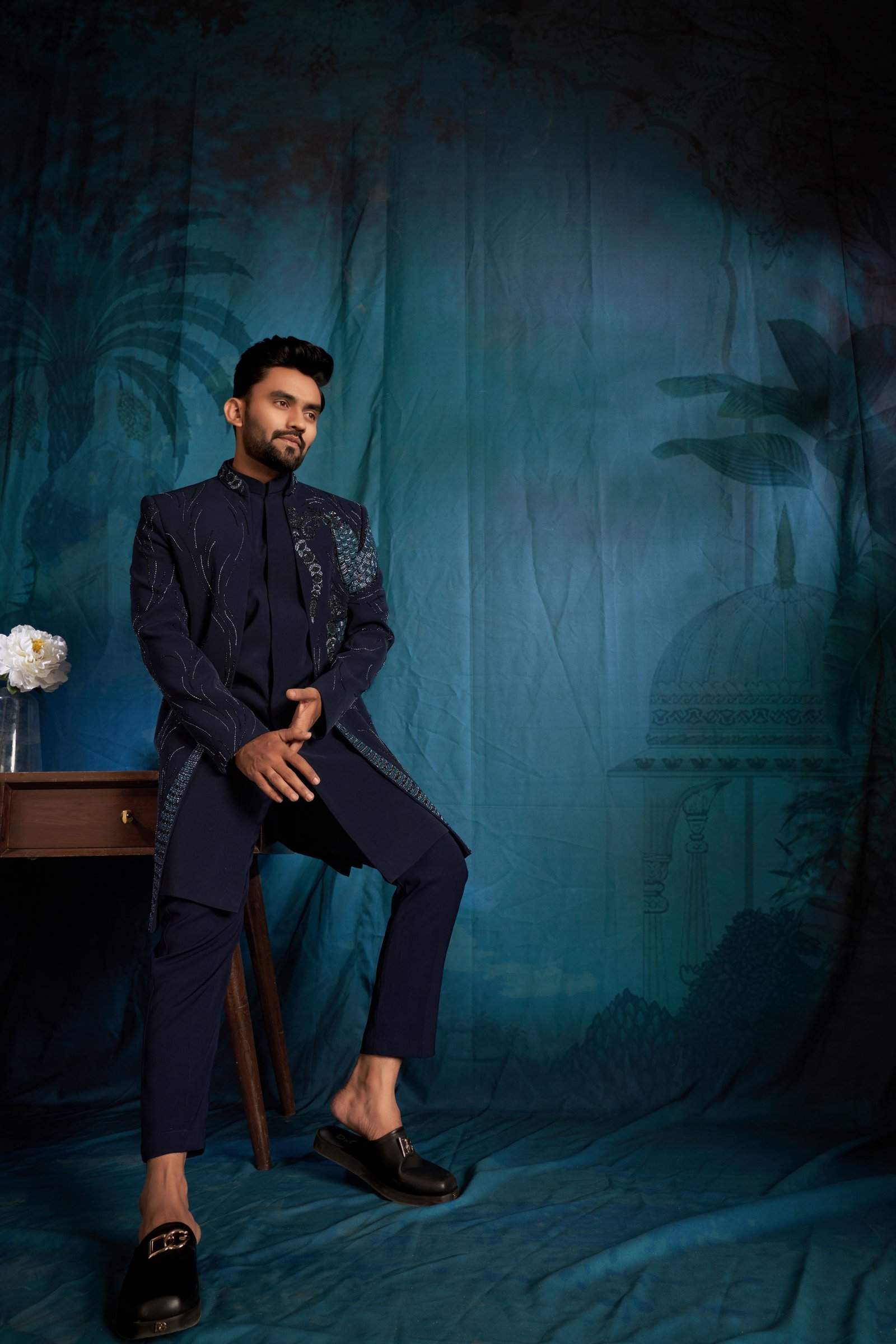 Designer Navy Blue Handwork Short Pattern Indowestern