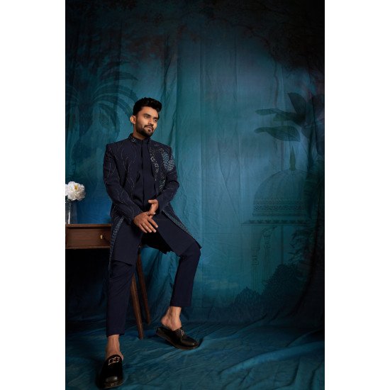 Designer Navy Blue Handwork Short Pattern Indowestern