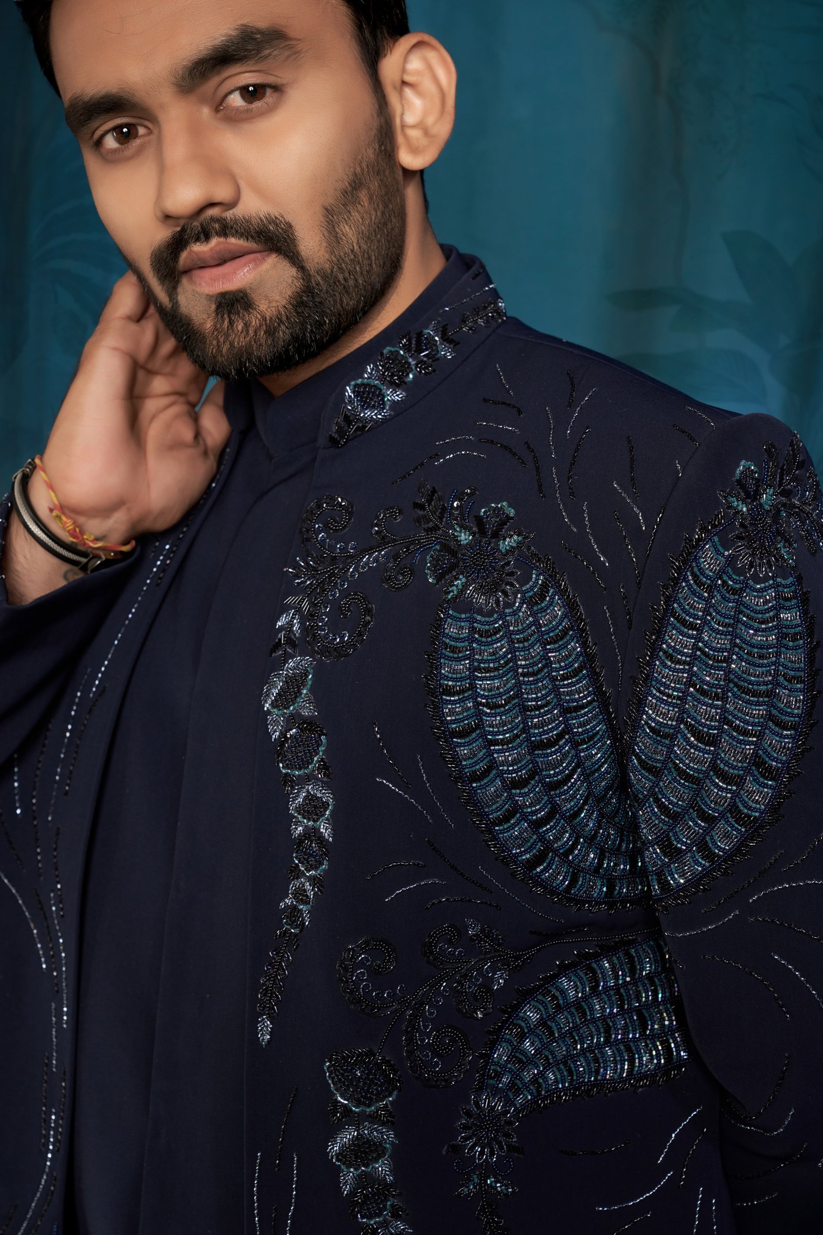 Designer Navy Blue Handwork Short Pattern Indowestern