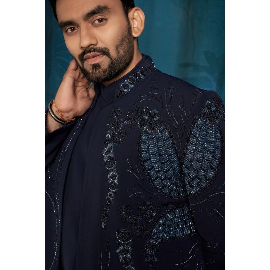 Designer Navy Blue Handwork Short Pattern Indowestern
