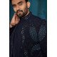 Designer Navy Blue Handwork Short Pattern Indowestern