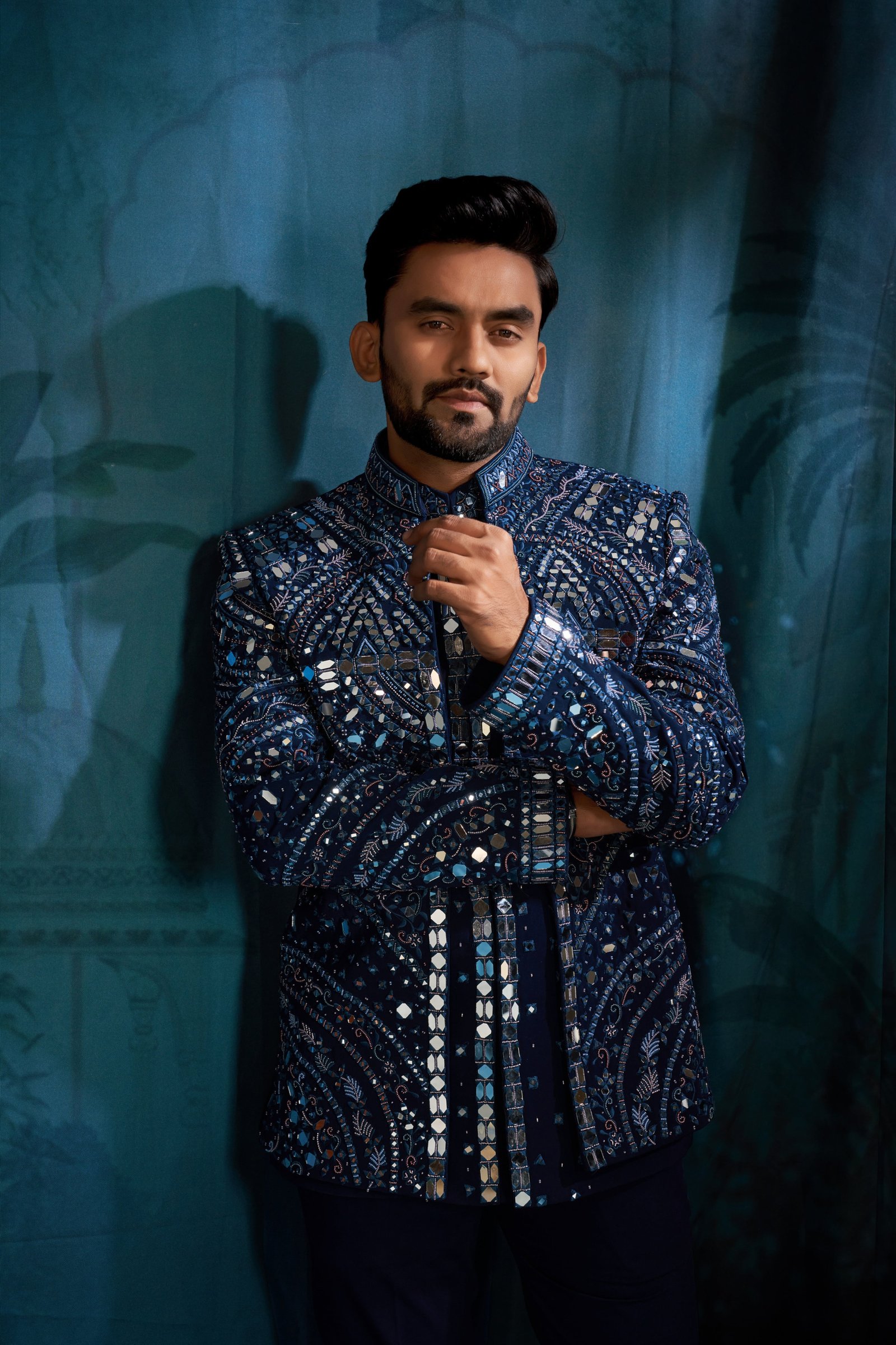 Designer Navy Blue Mirror & Handwork Short Pattern Indo For Wedding