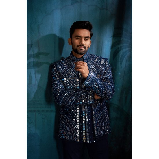 Designer Navy Blue Mirror & Handwork Short Pattern Indo For Wedding