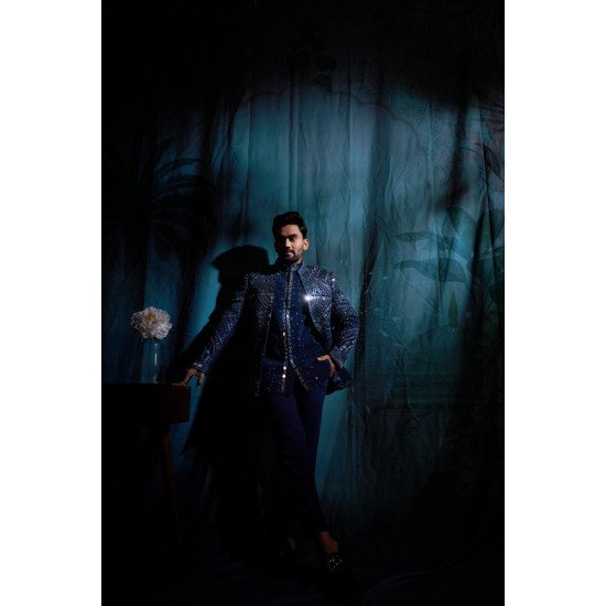 Designer Navy Blue Mirror & Handwork Short Pattern Indo For Wedding