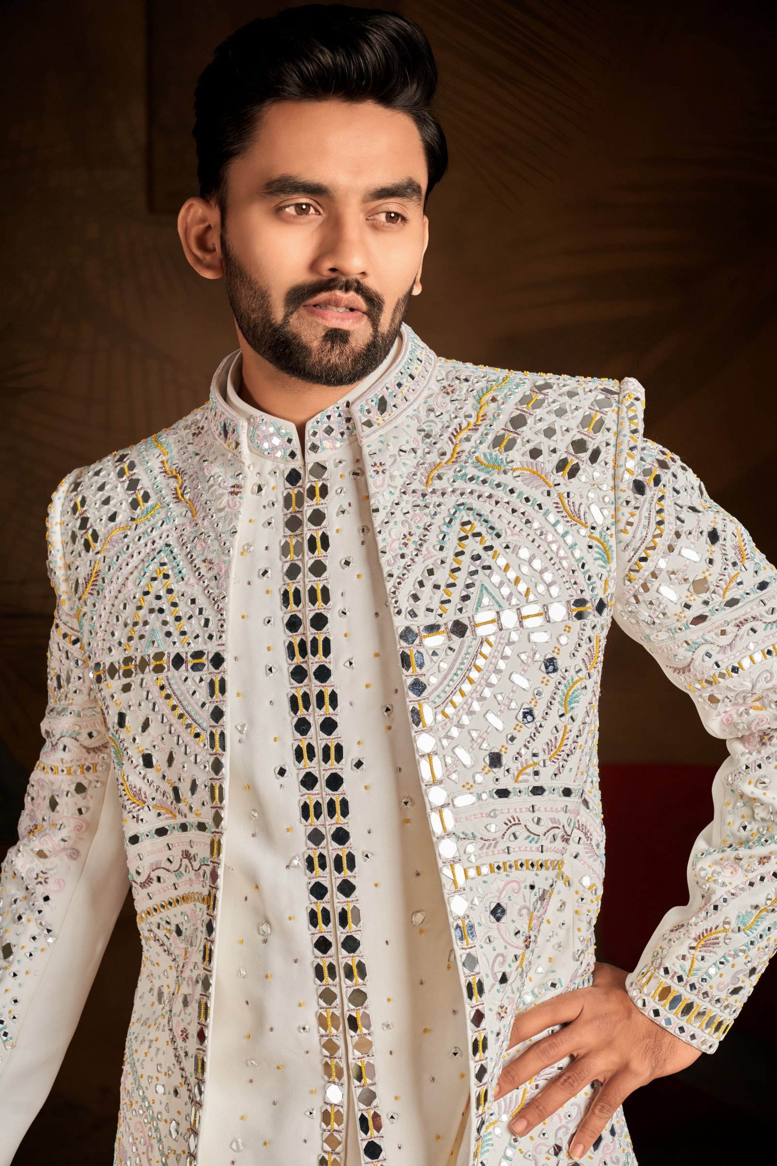Designer Off White Mirror & Multi Color Handwork Indo For Men
