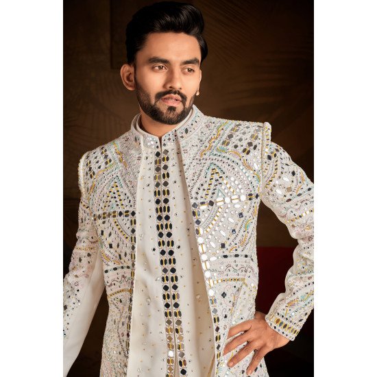 Designer Off White Mirror & Multi Color Handwork Indo For Men