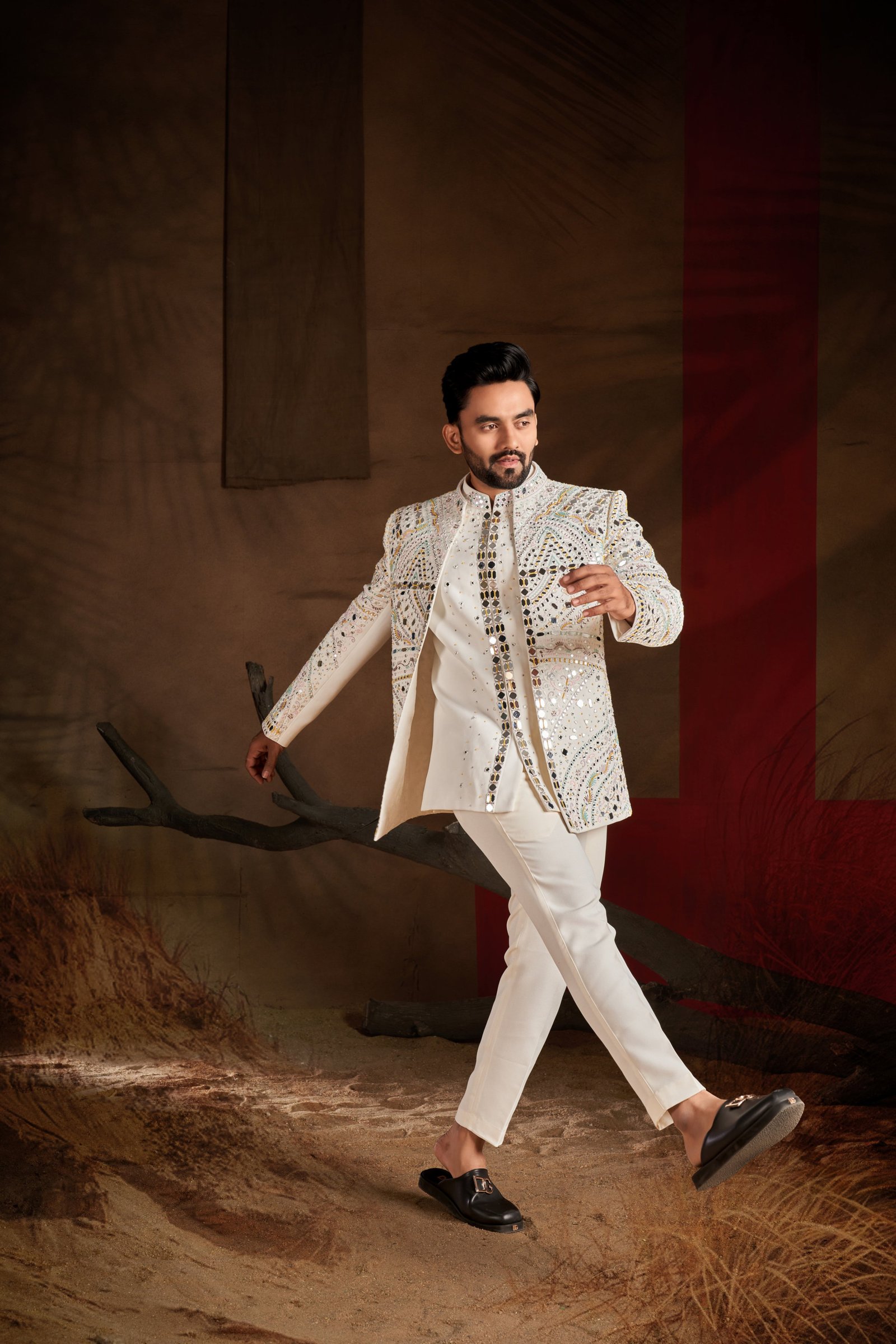 Designer Off White Mirror & Multi Color Handwork Indo For Men
