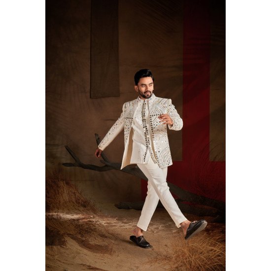 Designer Off White Mirror & Multi Color Handwork Indo For Men