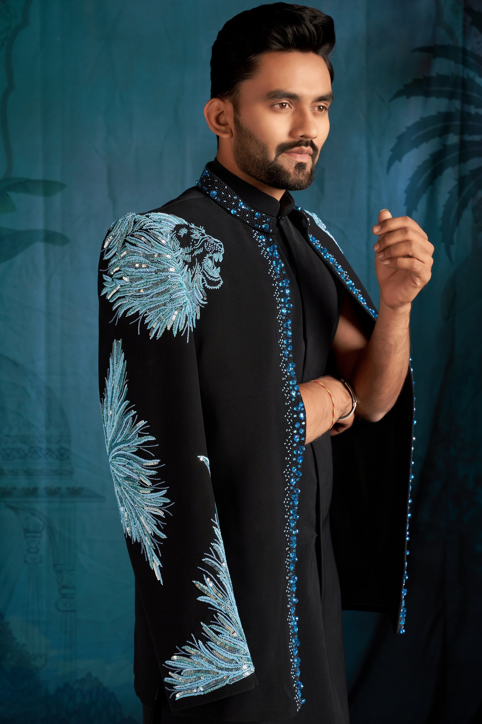 Designer Navy Blue Lion Handwork Short Pattern Indo For Wedding