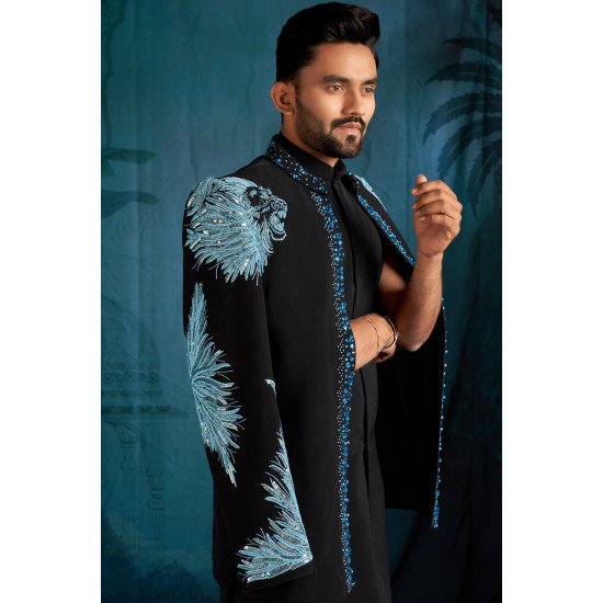 Designer Navy Blue Lion Handwork Short Pattern Indo For Wedding