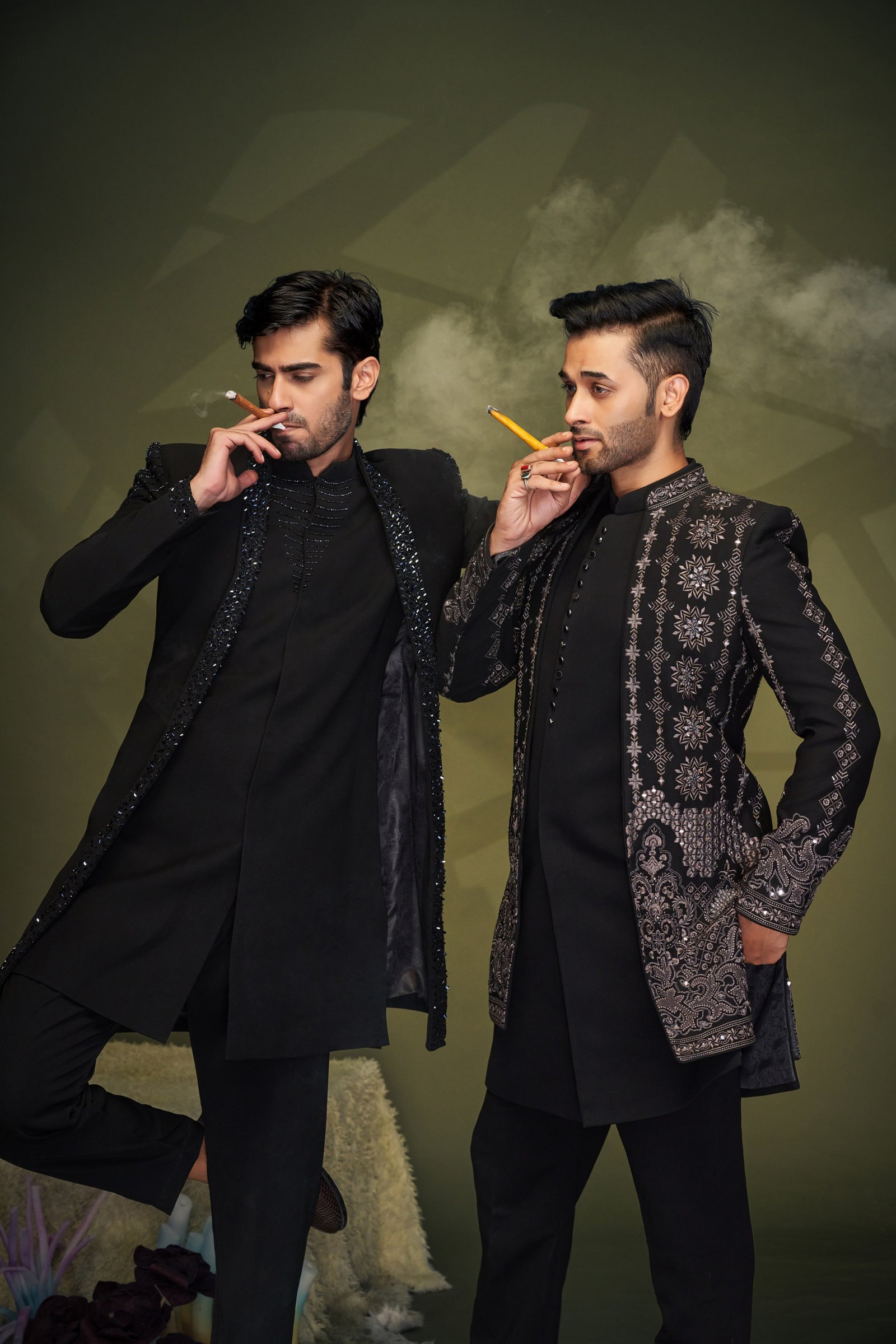 Designer Black Mirror Work Short Pattern Indowestern For Men
