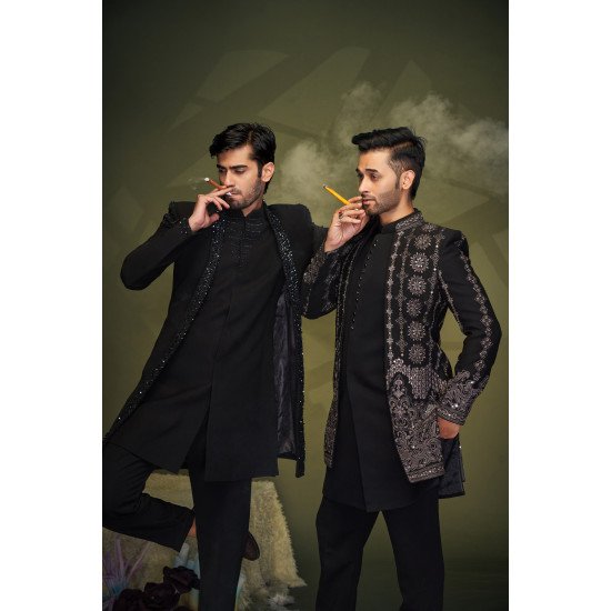 Designer Black Mirror Work Short Pattern Indowestern For Men
