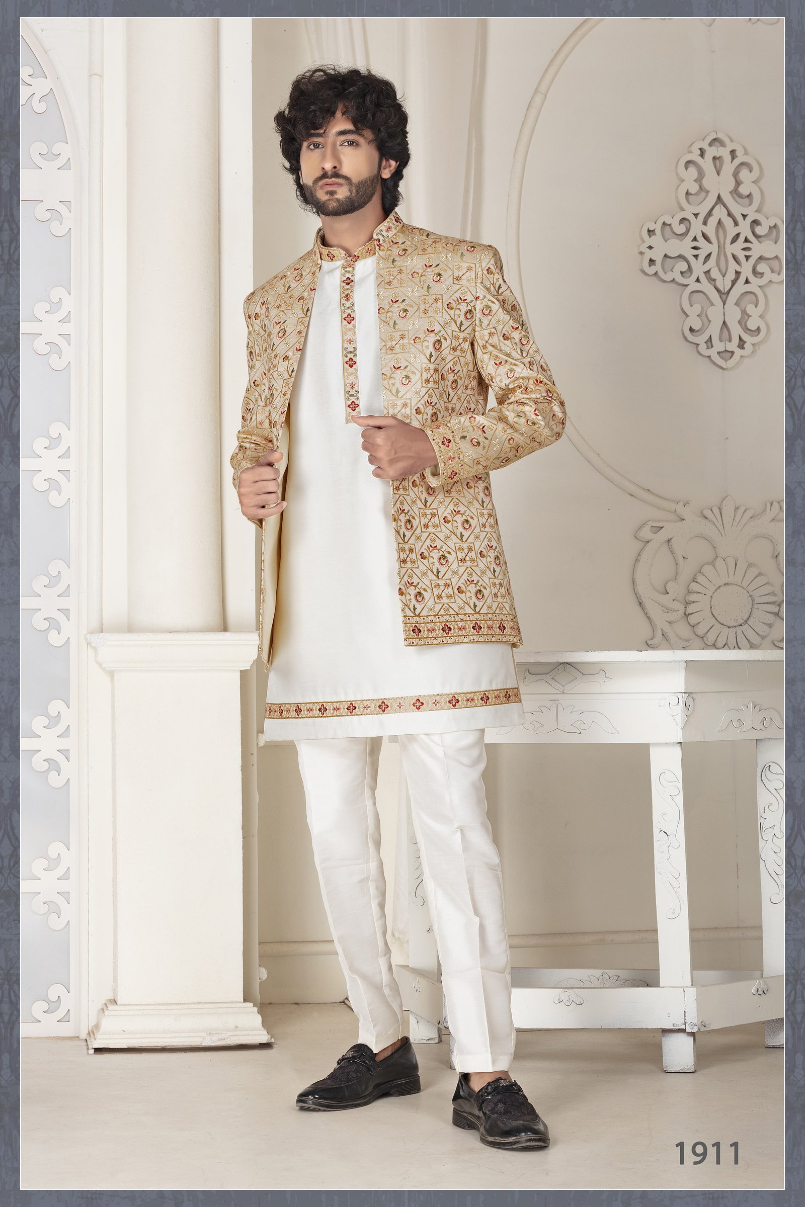 Designer Cream Mehroon Touch Short Pattern Indowestern