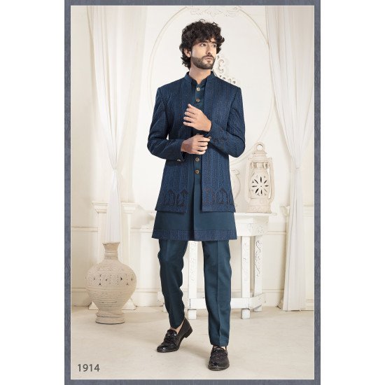 Designer Teal Blue double Pattern Indo For Men