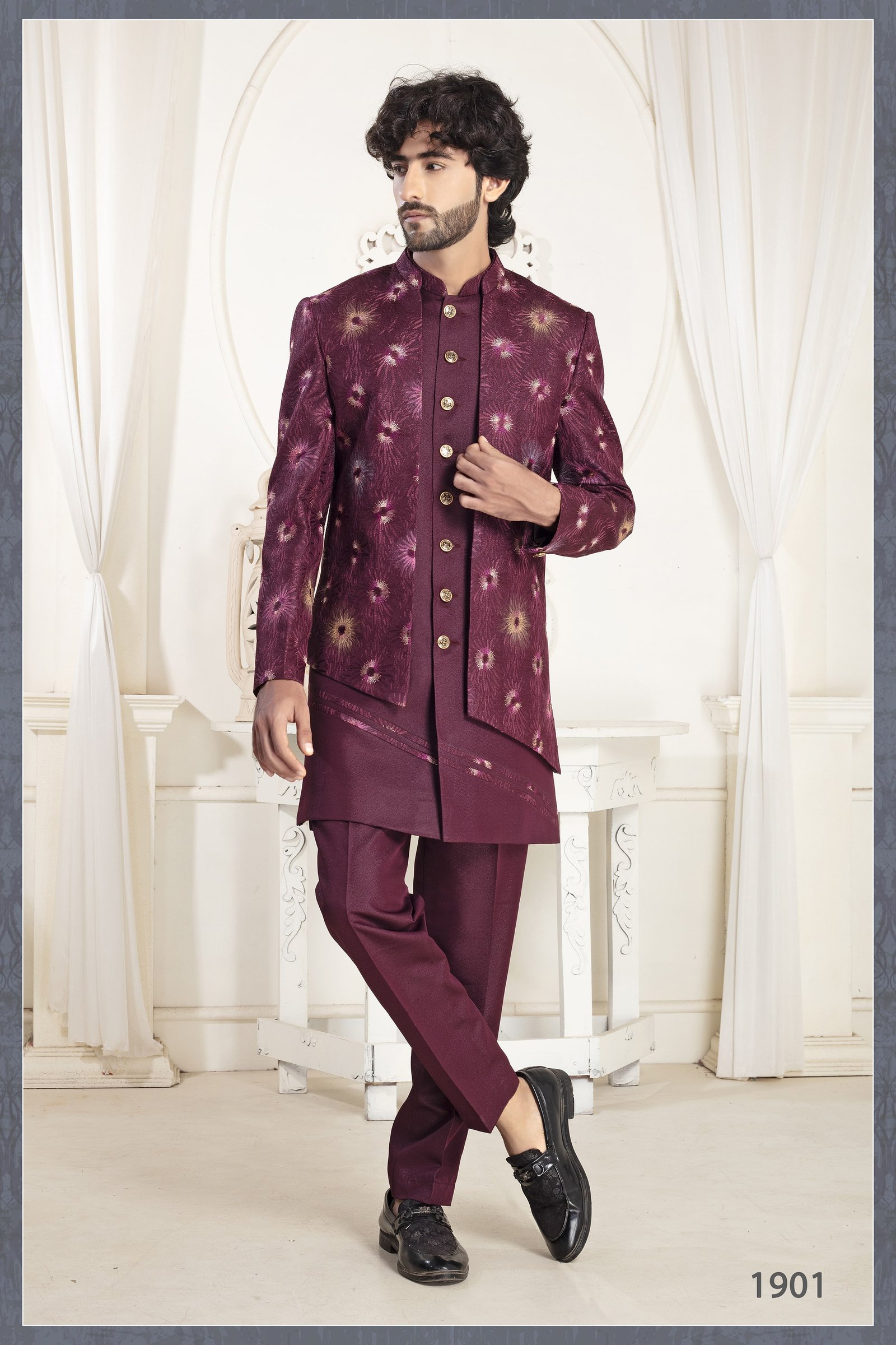 Designer Wine Printed Double Pattern Indowestern