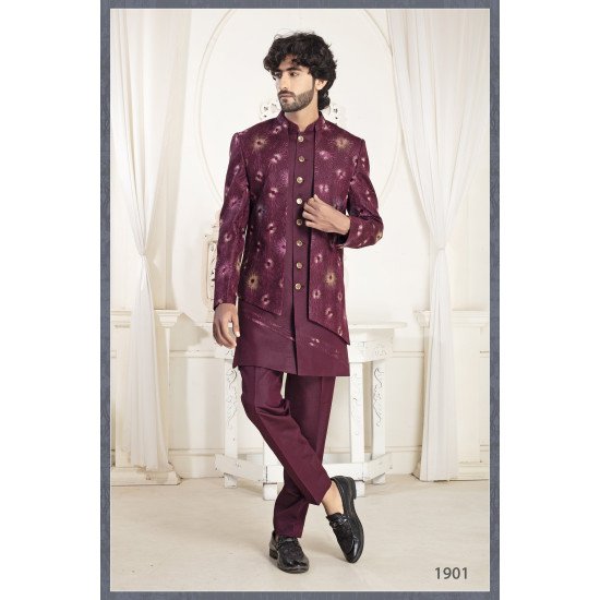Designer Wine Printed Double Pattern Indowestern
