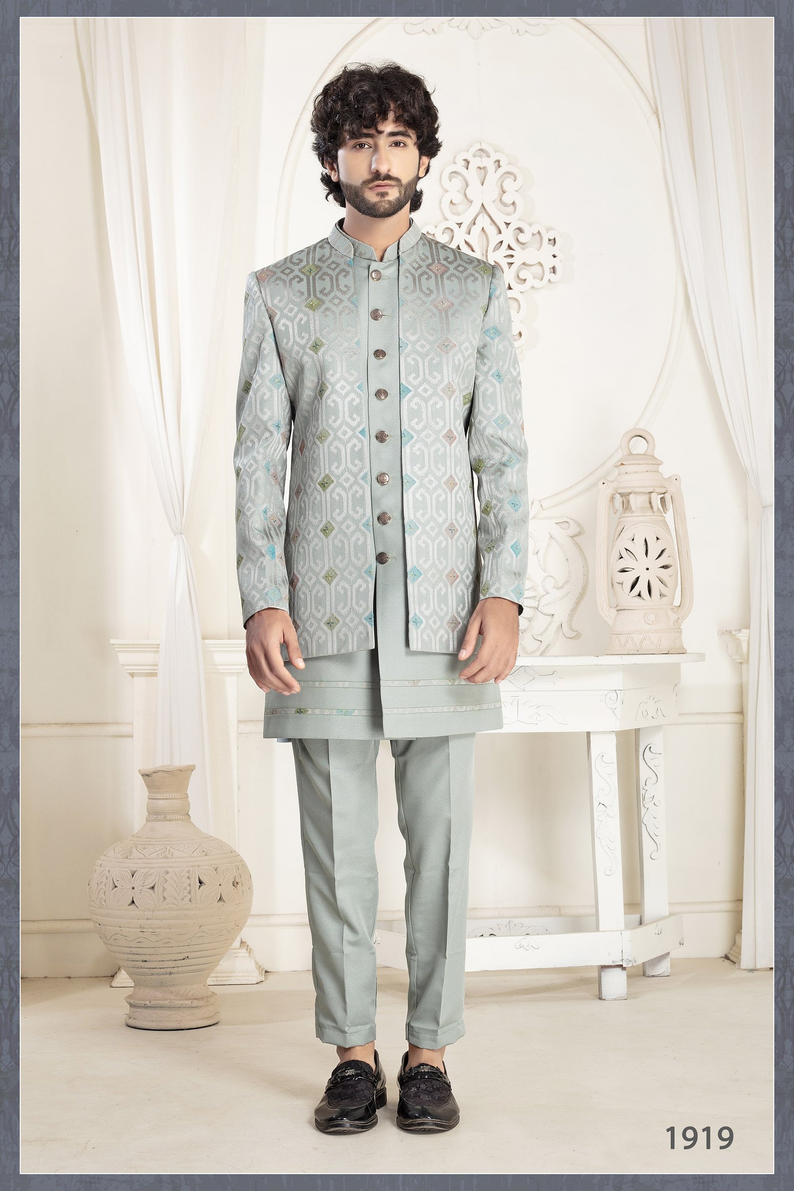 Designer Light Gray Double Pattern Wedding Indo For Men