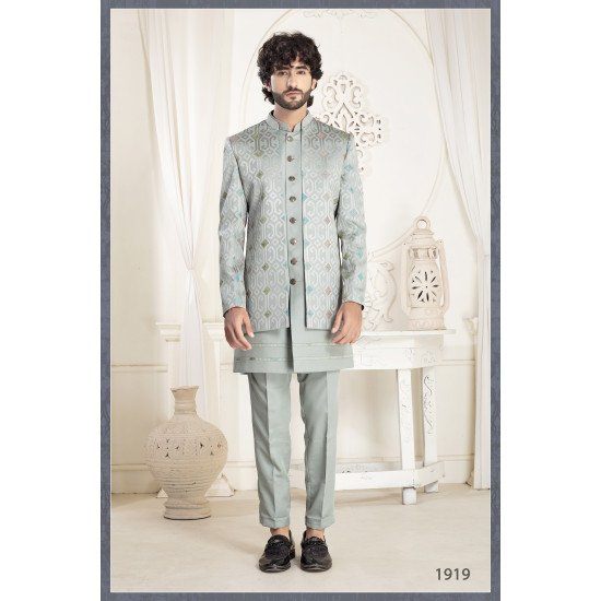 Designer Light Gray Double Pattern Wedding Indo For Men