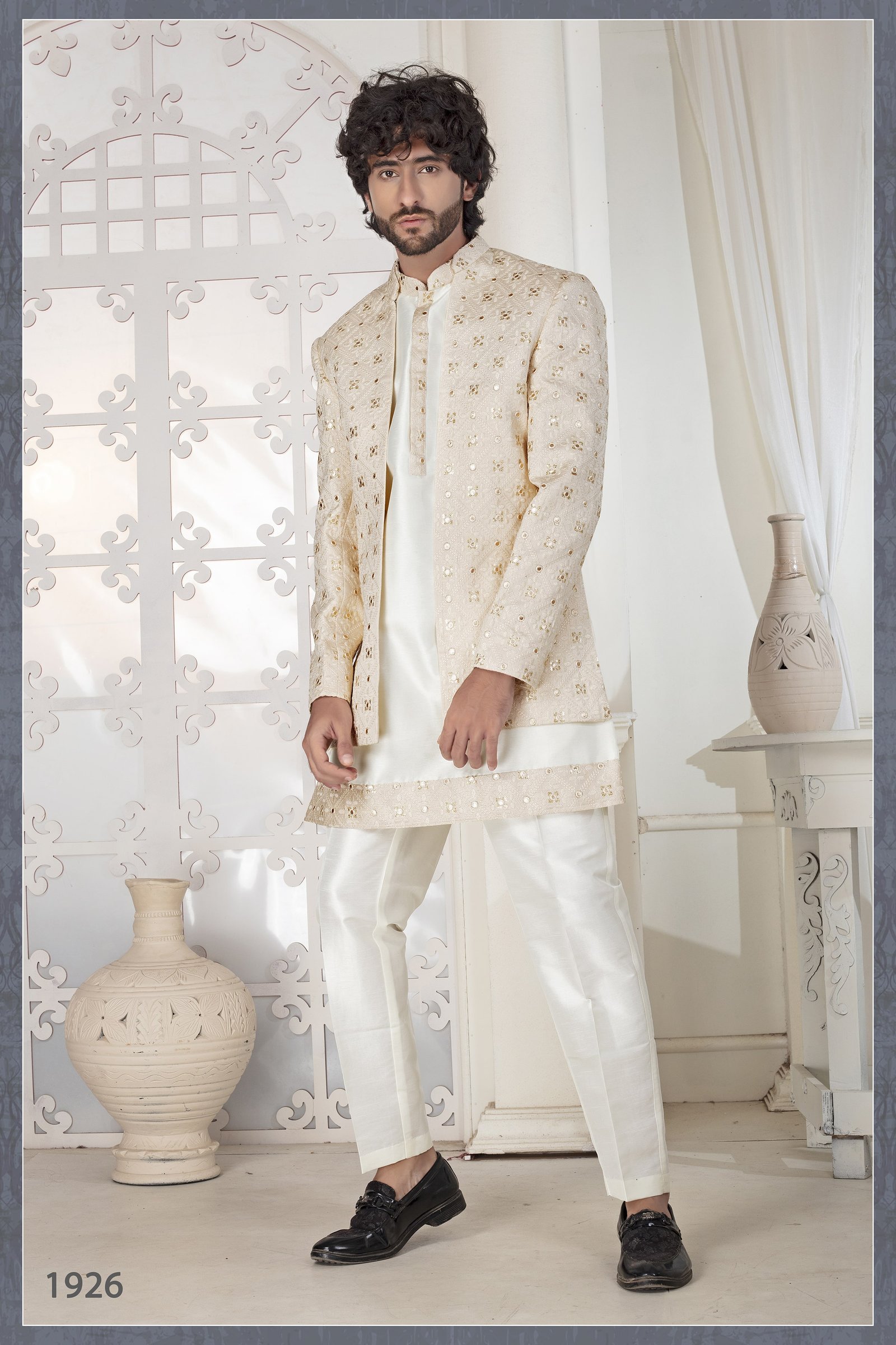 Designer Cream Short Pattern Indo Western For Wedding