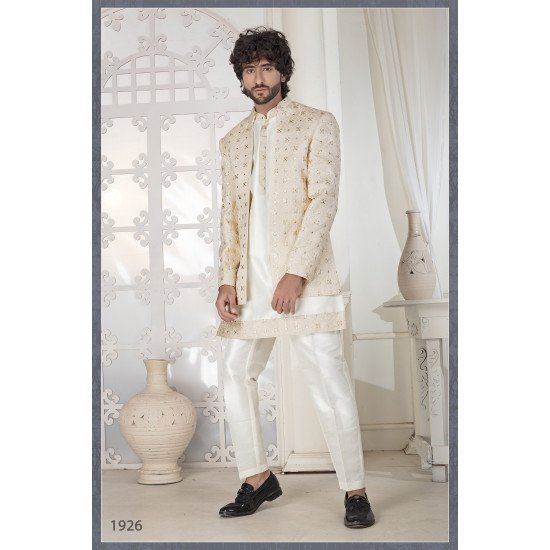 Designer Cream Short Pattern Indo Western For Wedding