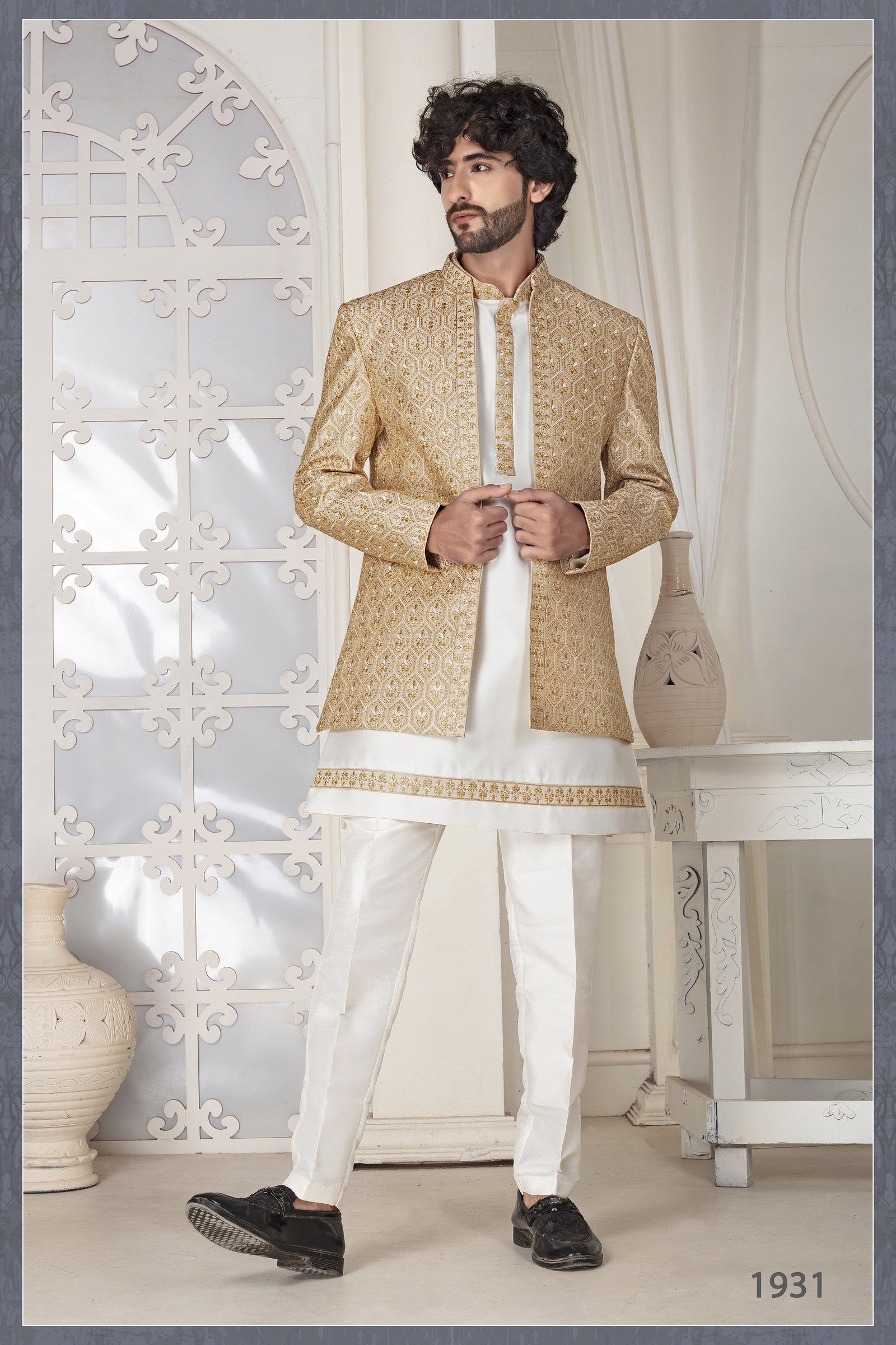 Designer Embroidered Cream Indo Western For Wedding