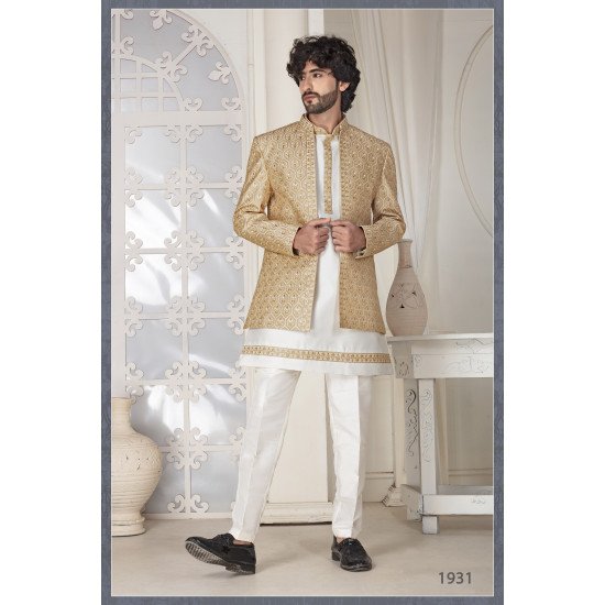 Designer Embroidered Cream Indo Western For Wedding