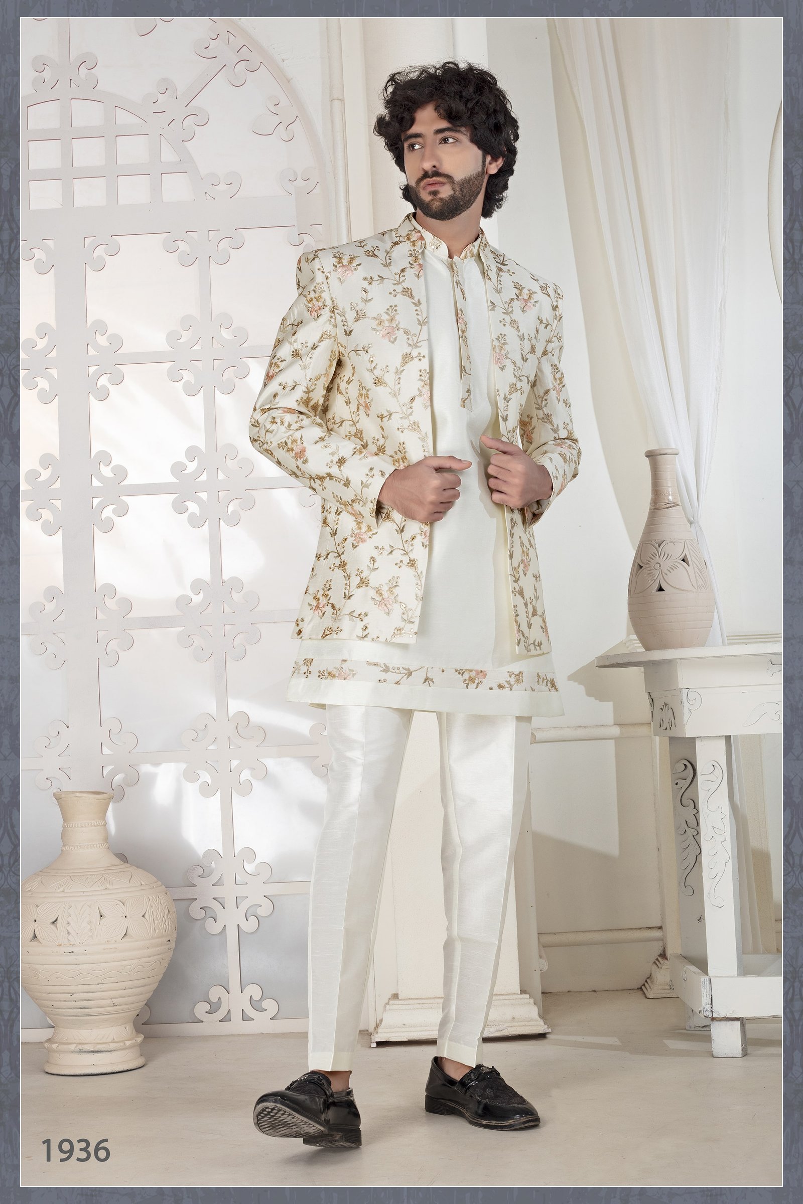 Designer Cream Short Pattern Indo Western For Men