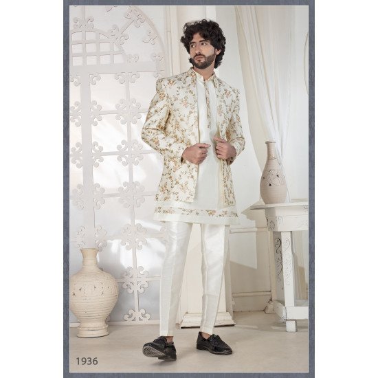 Designer Cream Short Pattern Indo Western For Men