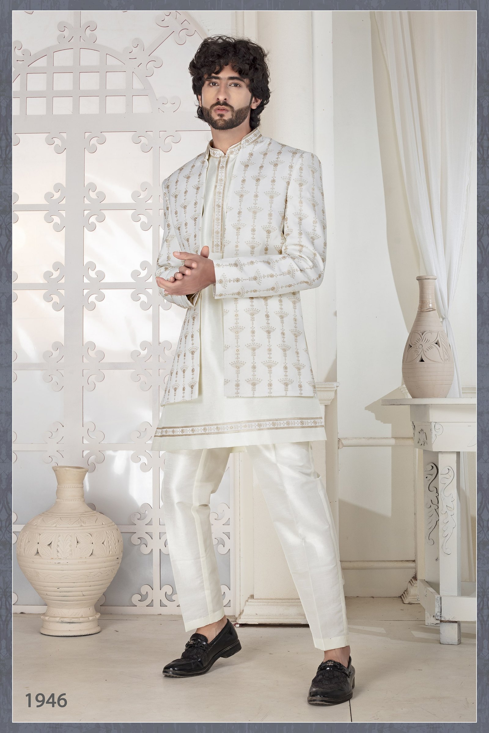 Designer Cream Sequence Work Double Pattern Indo Western For Men