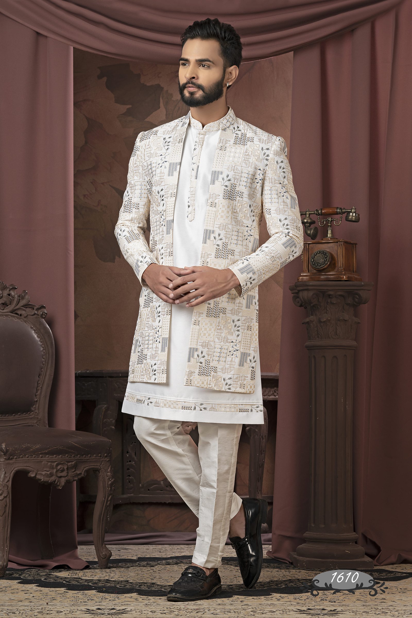 Designer Cream Multicolor Thread Work Indowestern