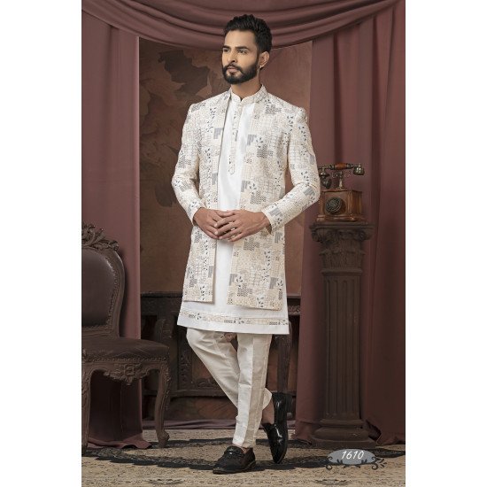 Designer Cream Multicolor Thread Work Indowestern