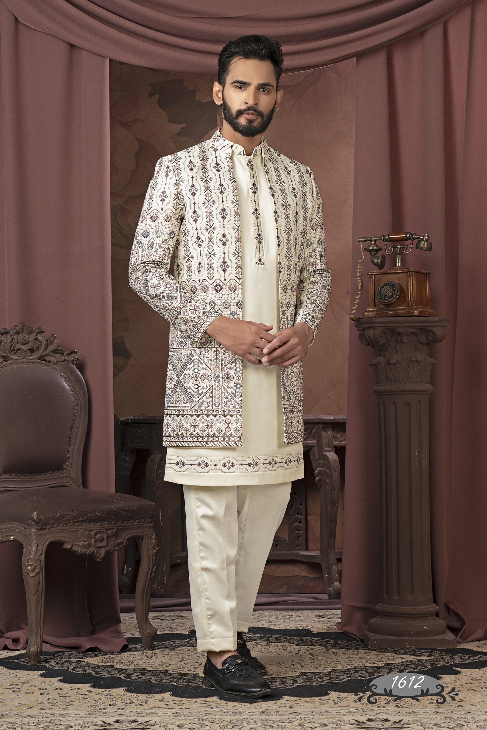 Designer Cream Colored Embroidered Work Indo Western For Wedding