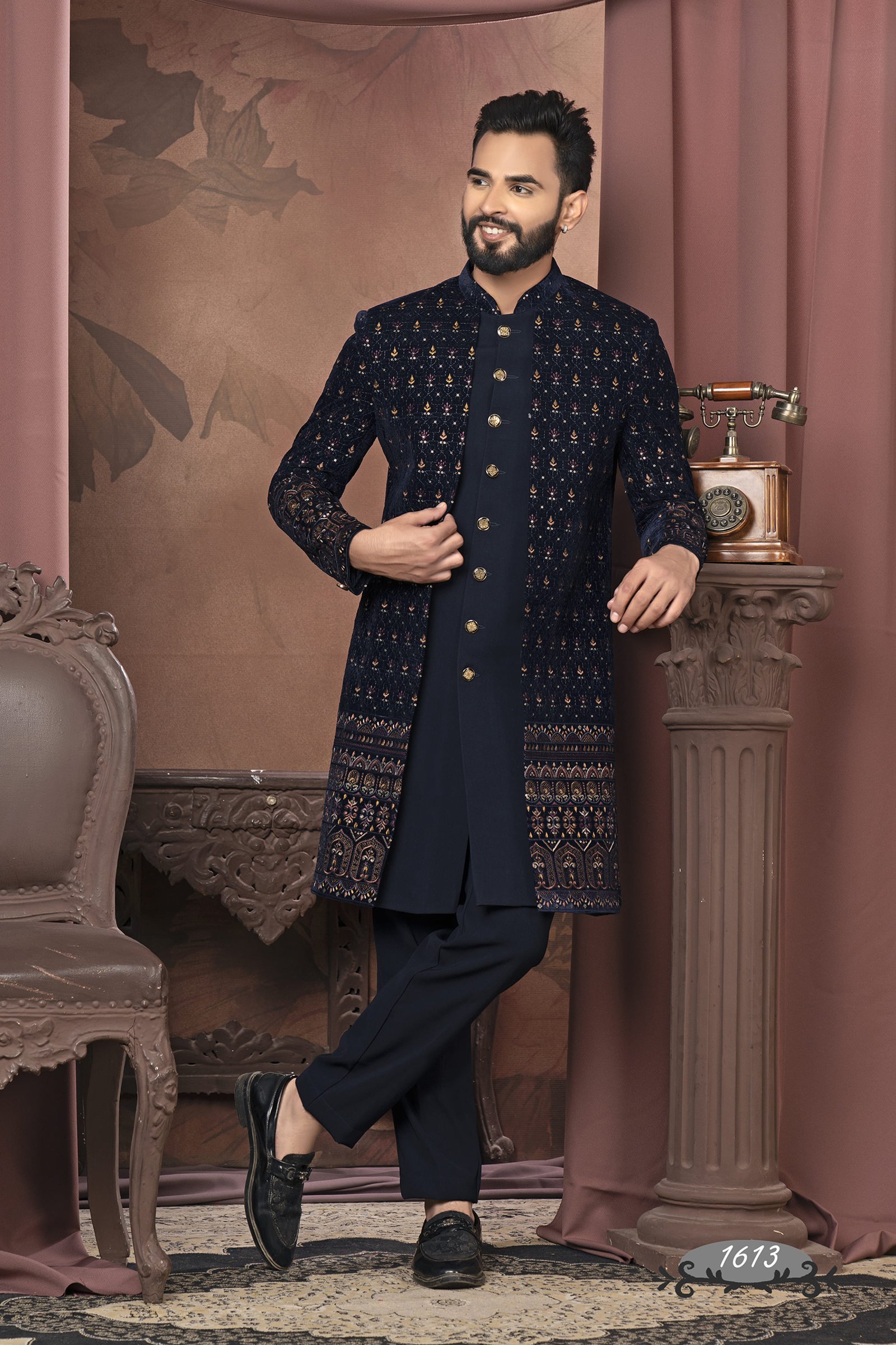 Deisgner Navy Blue Double Pattern Indowestern