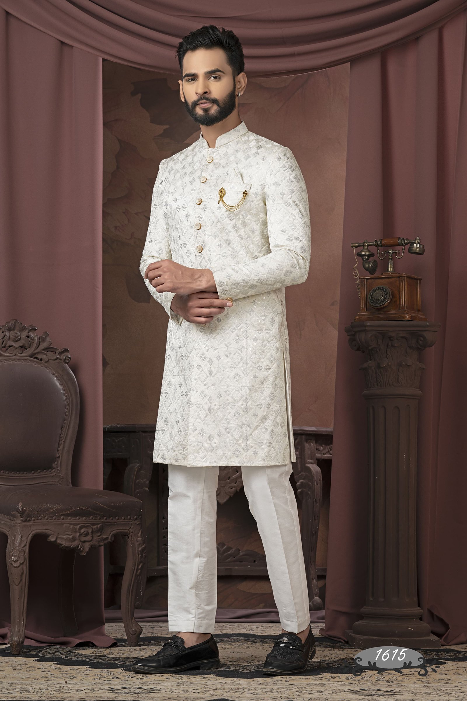 Desiger Cream Color Achkan Pattern Indo For Men