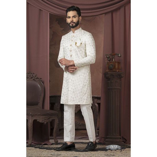 Desiger Cream Color Achkan Pattern Indo For Men