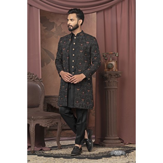 Designer Black Embroidered Work Double Pattern Indowestern