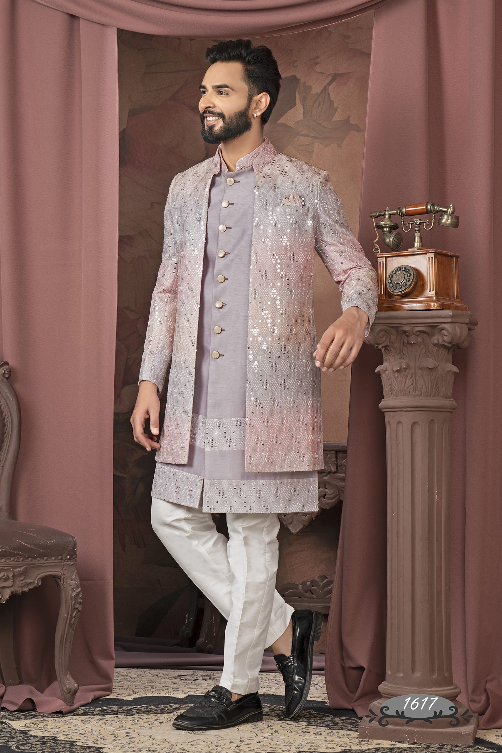Designer Onion Pink Sequence  Work Short Pattern Indowestern
