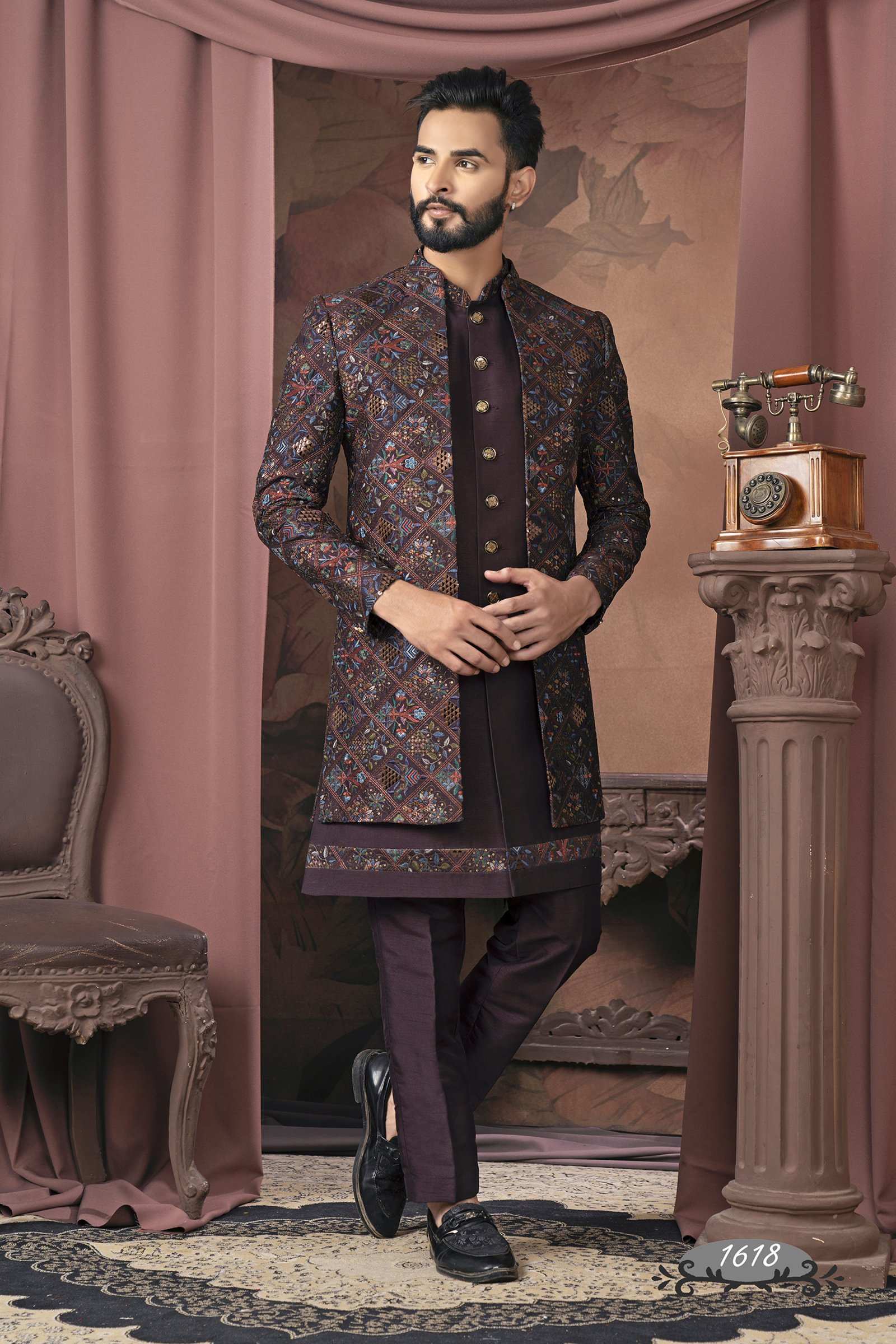 Designer Wine Color Embroidered Work Double Pattern Indo