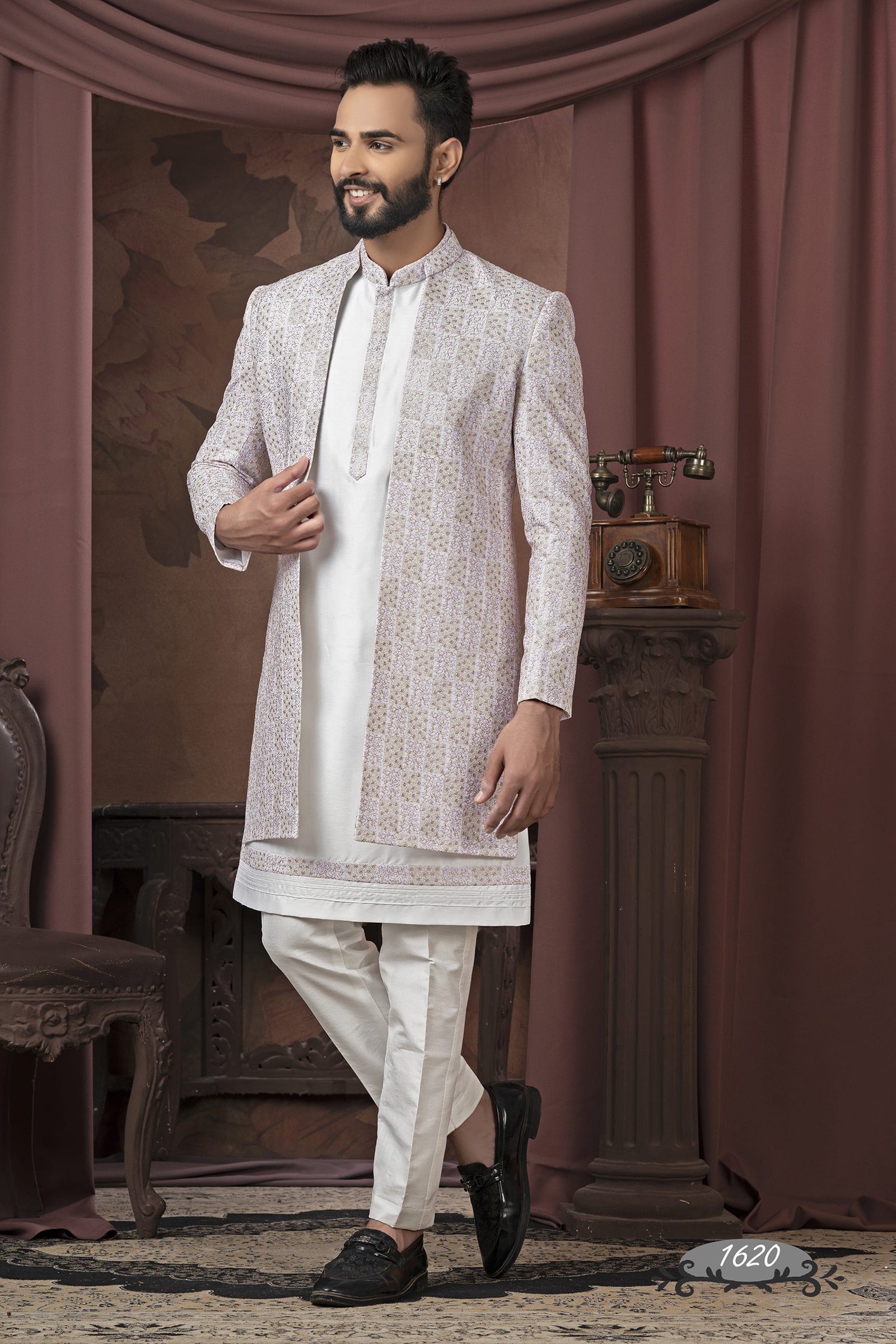 Designer Cream Double Pattern Indo Western For Wedding