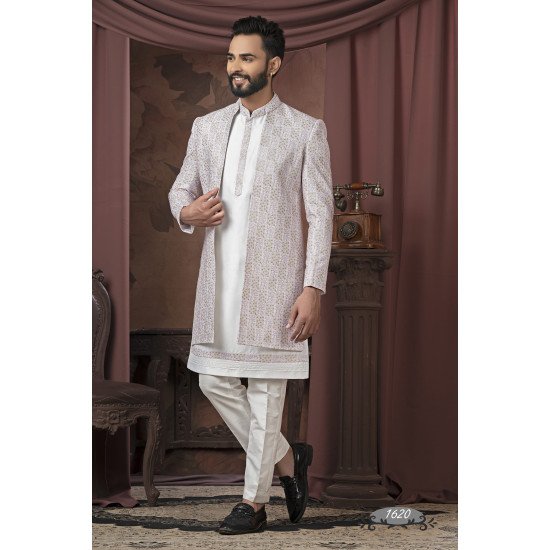 Designer Cream Double Pattern Indo Western For Wedding
