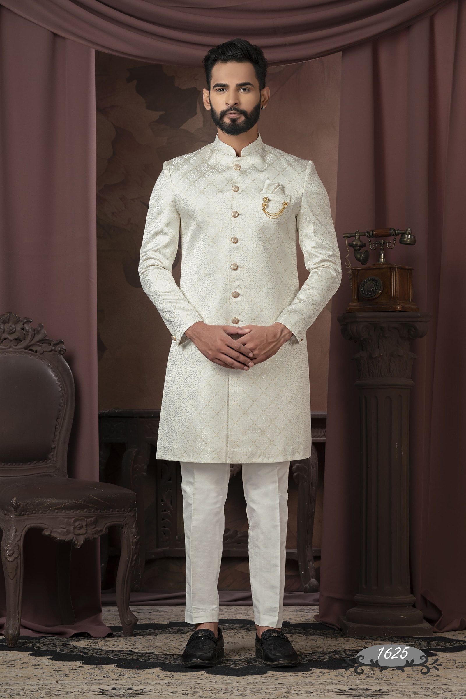 Designer Cream Self Print Wedding Indo For Men