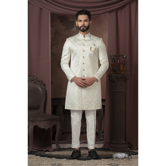 Designer Cream Self Print Wedding Indo For Men