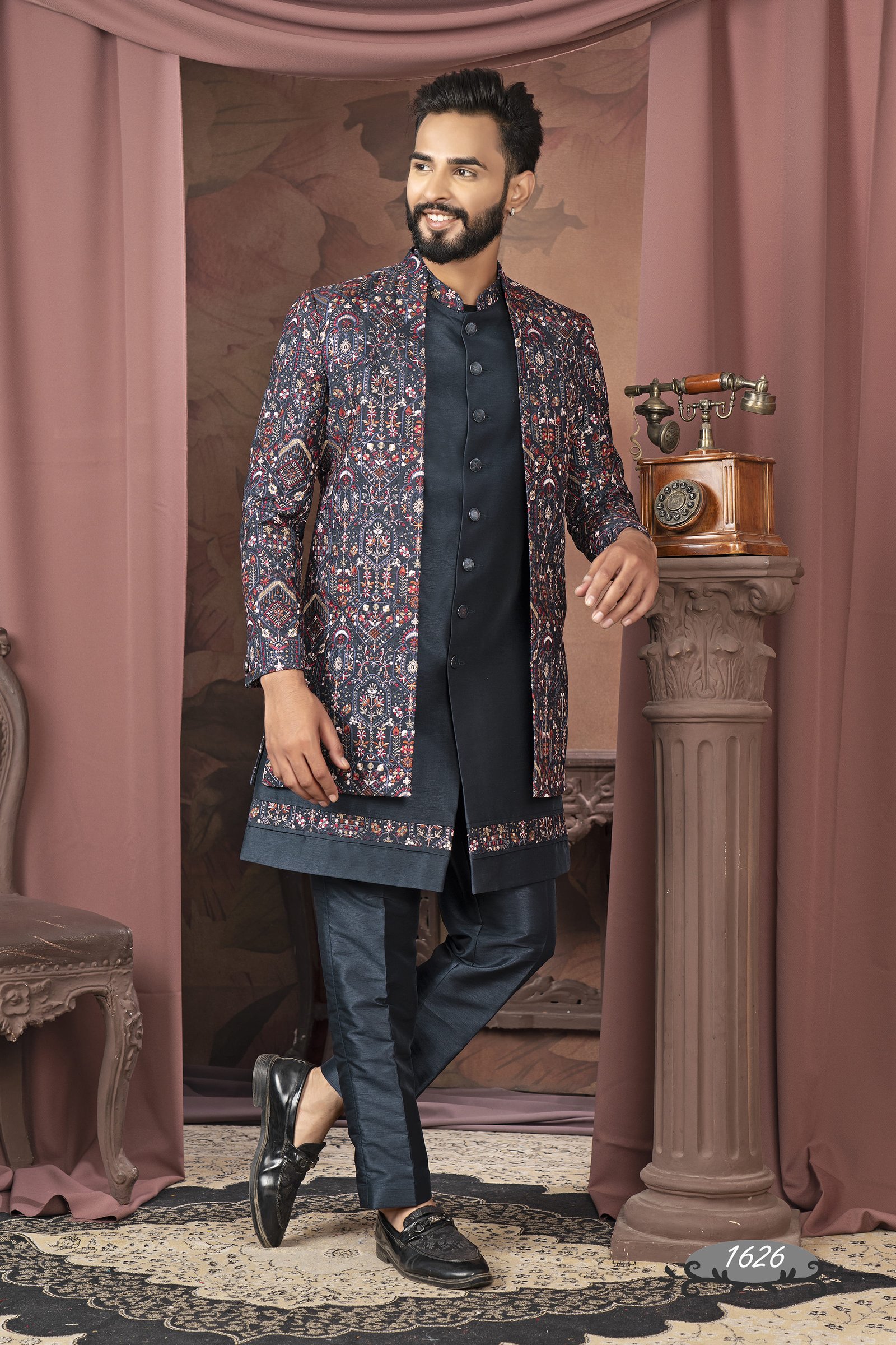 Designer Dark Gray Double Patten Wedding Indowestern For Men